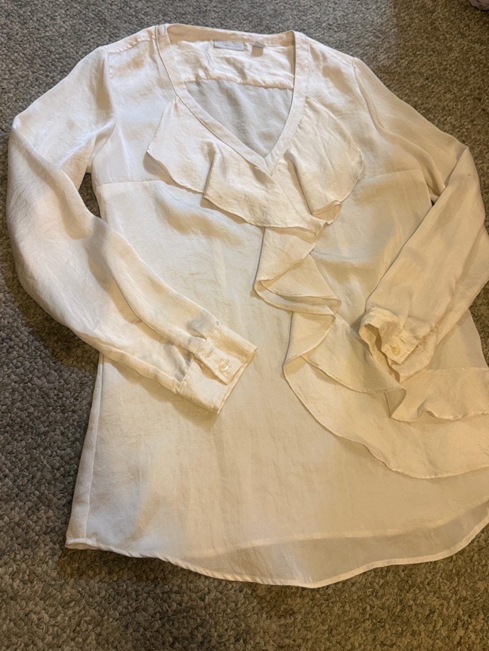 New York & Company Cream Ruffle V-Neck Blouse